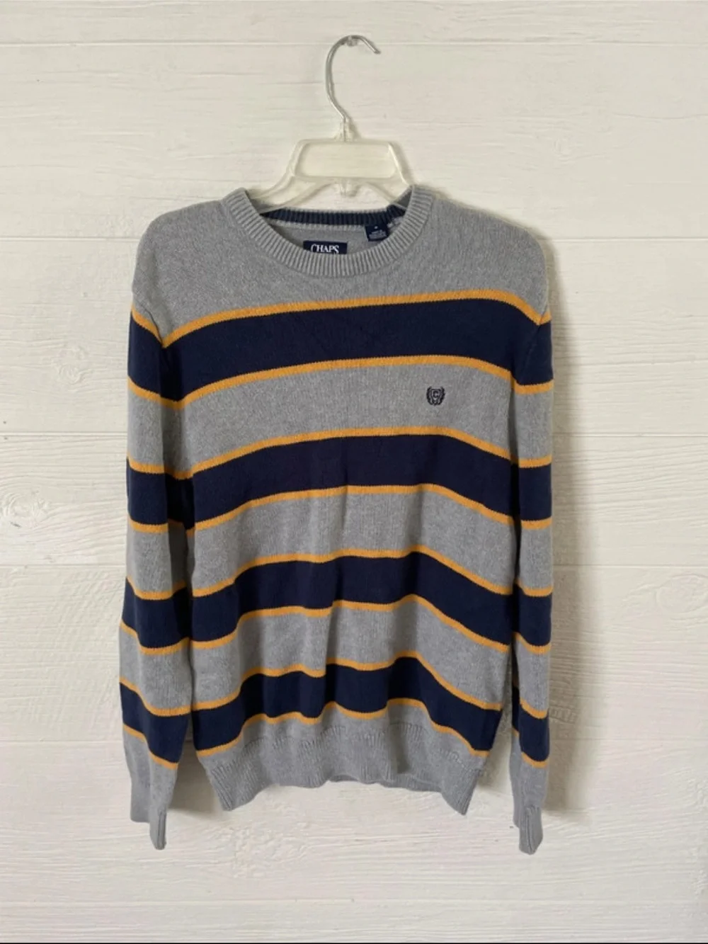 Chaps Gray, Navy & Gold Striped Crewneck Sweater